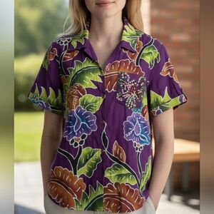 EUC Paradiso Purple Tropical Batik Sequin Shirt XL Button Down Rayon Bali Floral